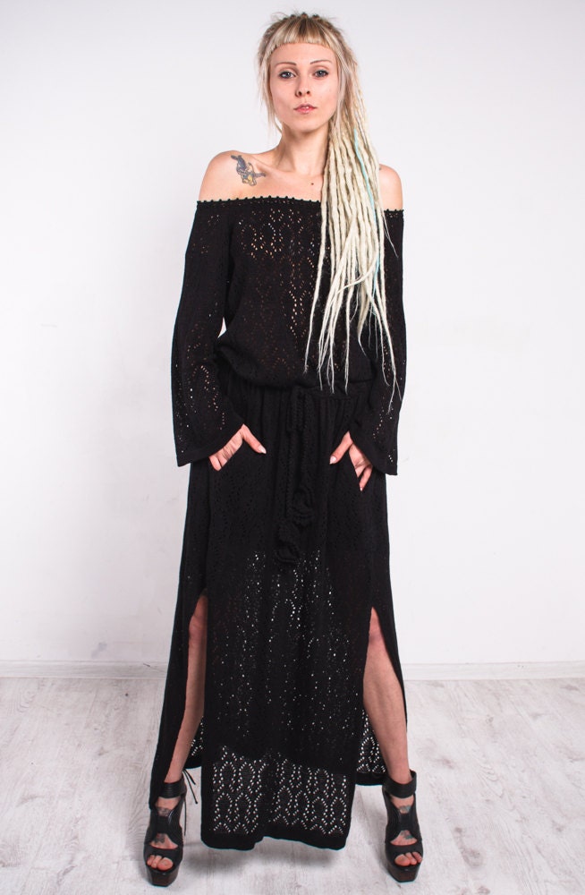 Black Maxi Dress Knitted Maxi Off Shoulder Black Long Sleeves Crochet Slits Lacy Pockets Evening
