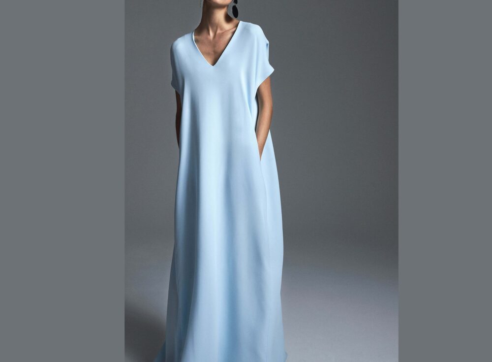 Maxi Dress V Neck/Modest Wedding Dress Long Blue Satin Maxi Sleeveless Blue Crepe Plus Size