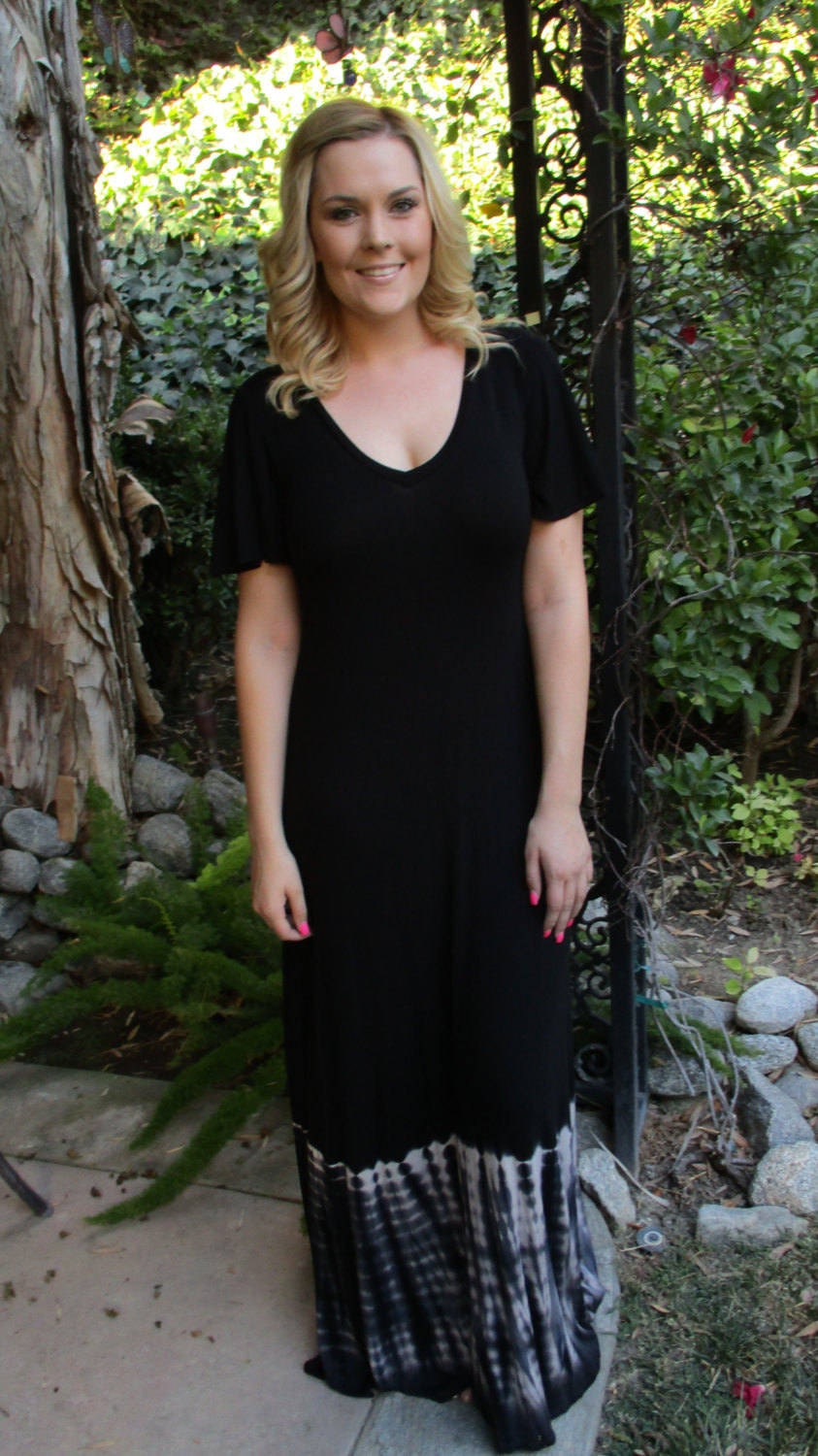 Black Maxi Dress, Long Tie Dye Maxi, Dresses, With White, S Only, V Neck, Sleeve