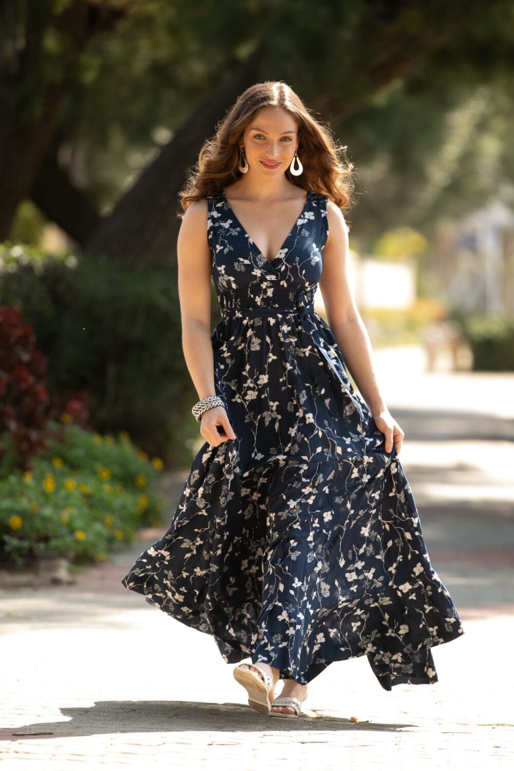 Navy Blue Floral Maxi Dress Sleeveless Rayon Boho Dress