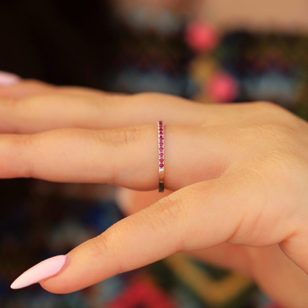 14K White Gold Ruby Ring, Micro Pave Wedding Band, Thin Minimalist Engagement Ring 1.3mm Half Eternity July Birthstone