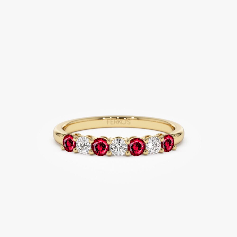 14K Gold Ruby Ring, Round & Diamond Wedding July Birthstone Stacking Band, Birthday Gift For Her, Minimalist Layering Ring