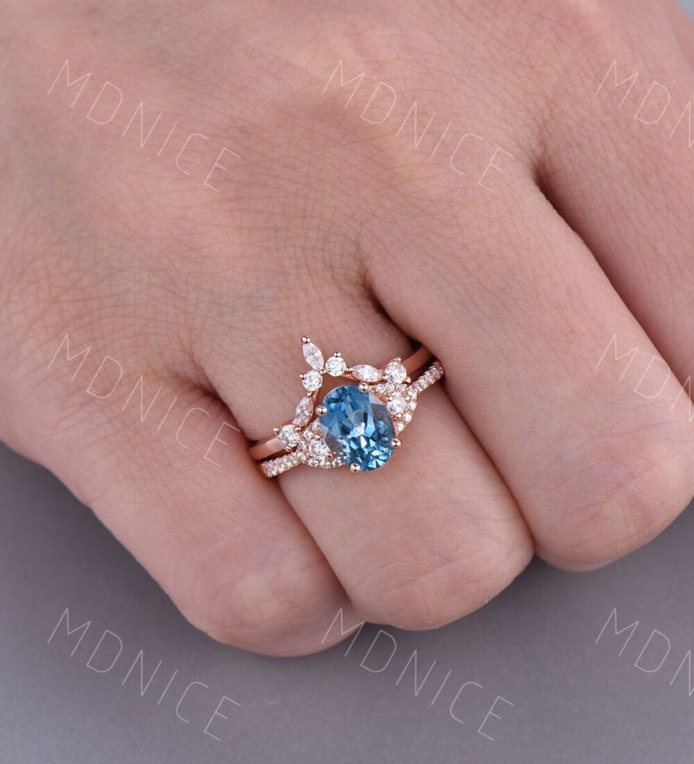 Natural London Blue Topaz Ring Set Rose Gold Sterling Silver Wedding Band
