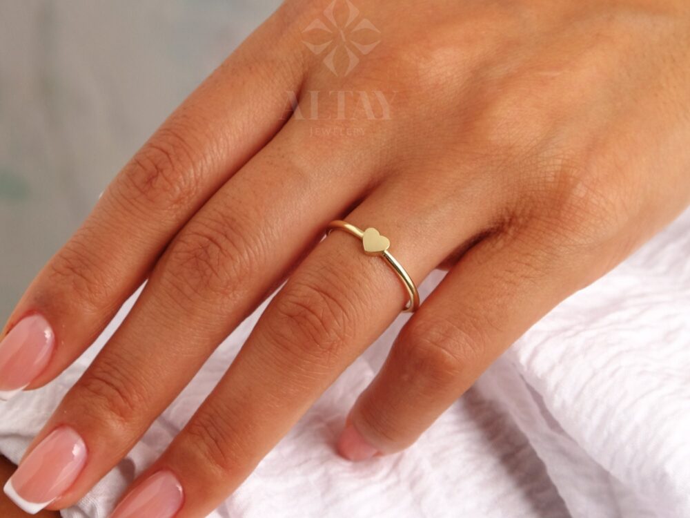 14K Solid Gold Heart Ring, Minimalist Dainty Stackable Promise Valentine Tiny Love Shape, Gift For Her, Real
