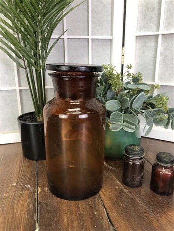 Brown Glass Apothecary Jar, Pharmacy Druggist Medicine Bottle, Amber A5, Display Farmhouse Decor, Vintage Medical