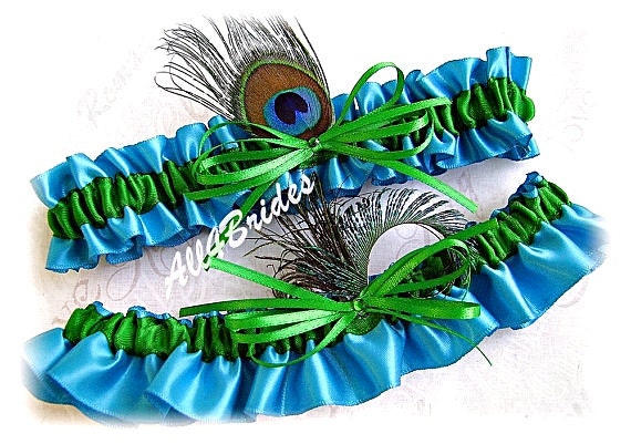 Peacock Feather Wedding Garter Set, Turquoise Emerald Bridal Garters