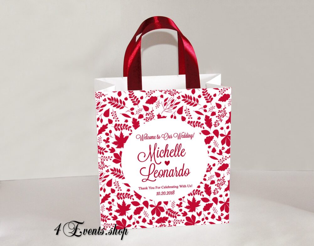 30 Wedding Welcome Bags With Burgundy Satin Ribbon Handles & Your Names Elegant Personalized Fall Autumn Wedding Favor For Hotel Guests