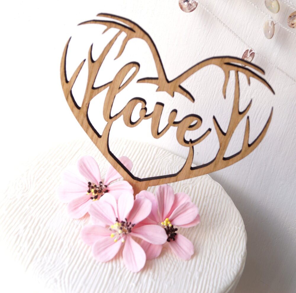Rustic Wooden Antler Heart Wedding Love Cake Topper