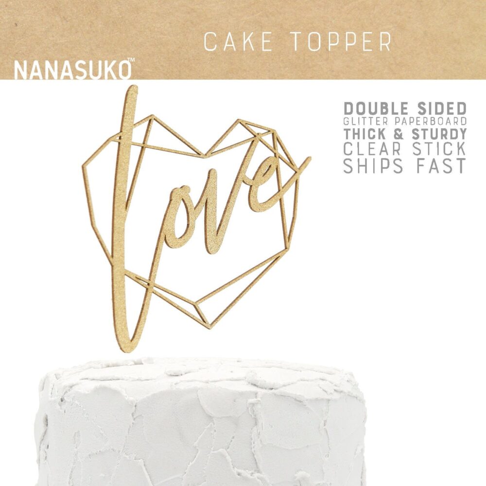Love Cake Topper, Bridal Shower Modern Geometric Heart Frame Gold Glitter Party Decorations, Cursive Topper