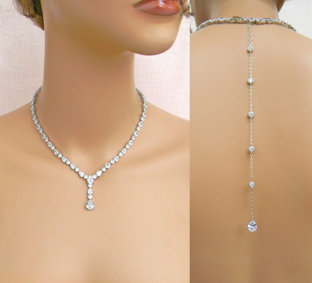 Backdrop Bridal Necklace, Gold Wedding Jewelry Set, Crystal Earrings Rose Zara Set