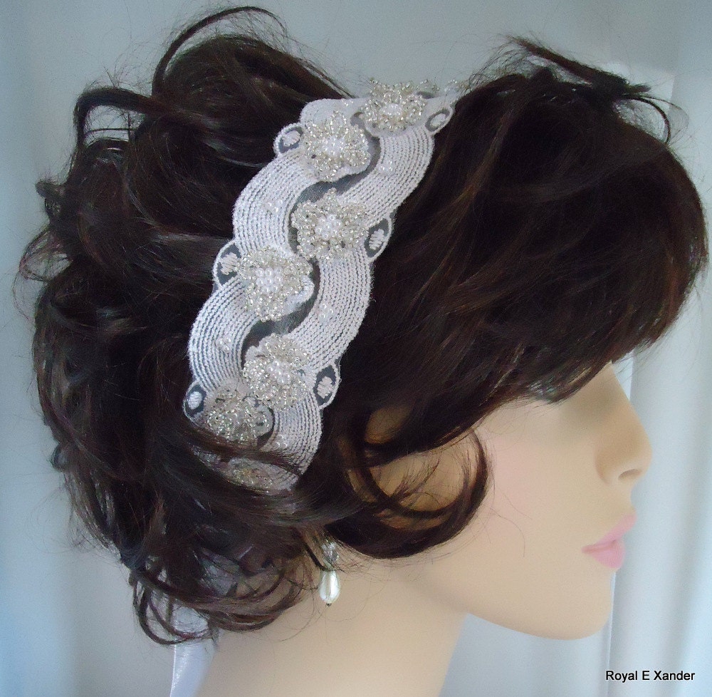 Bridal Lace Headband, Wedding Headpiece, Beaded Accessory, Rex16-379