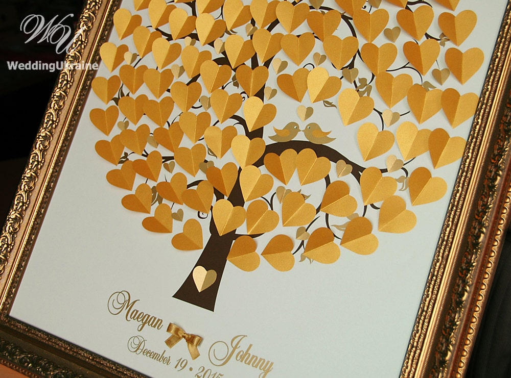 Gold Wedding Guest Book Ideas Tree With Gold Birds & Hearts - Unique 3D Tree Modern Alternative To Traditional Guestbook
