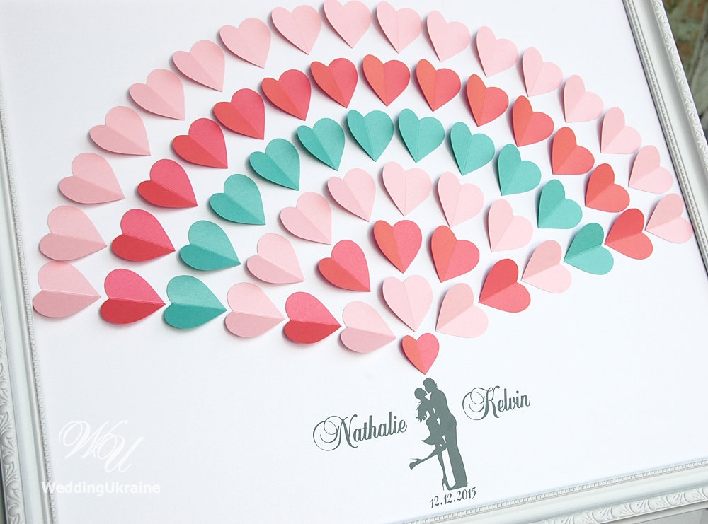 Alternative Guest Book Wedding Ideas Guestbook Modern With 3D Hearts, Blush - Coral Mint