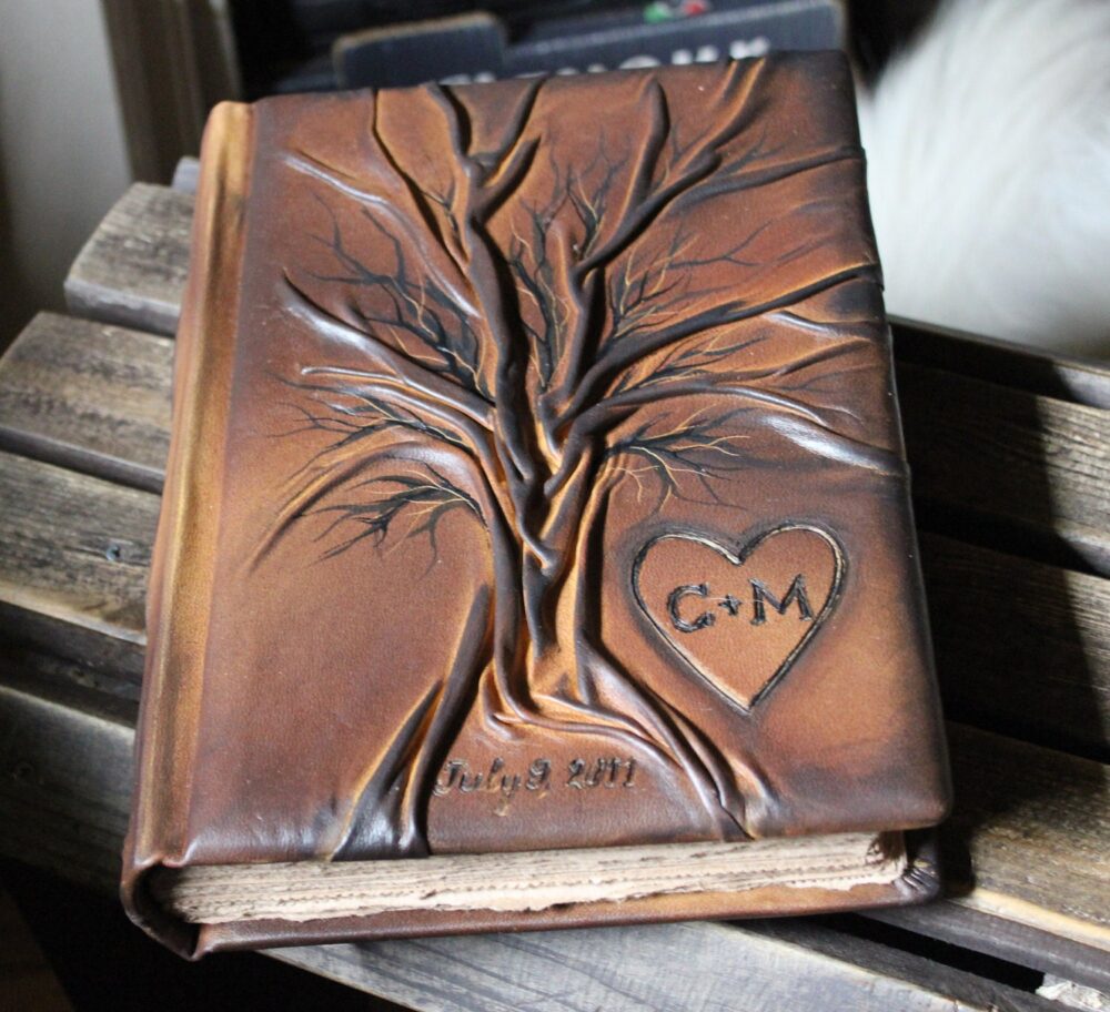 Custom Leather Wedding Guest Book Tree Of Life, Personalized Heart