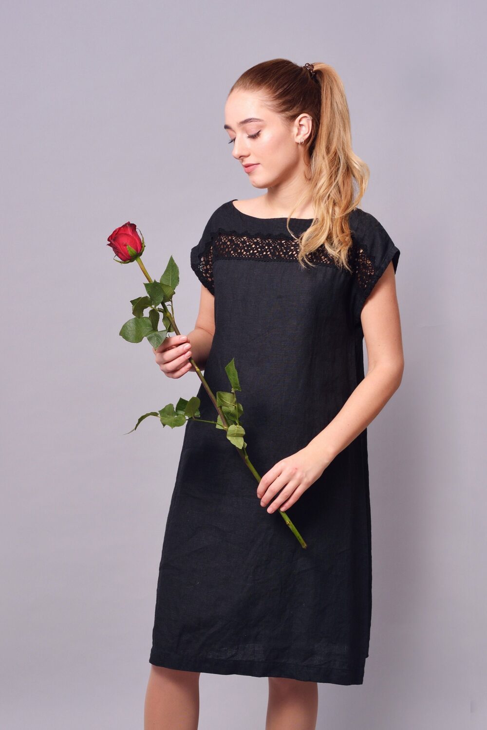 Linen Midi Dress Hope With Wide Luxurious Lace. Little Black Dress. Sleeveless Sundress. Wedding Dress. Fatale