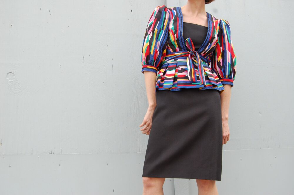 70S 80S Rainbow Peplum Little Black Dress W Puff Sleeve Bolero Set // Vintage 1970S 1980S Designer Disco & Jacket Victor Costa