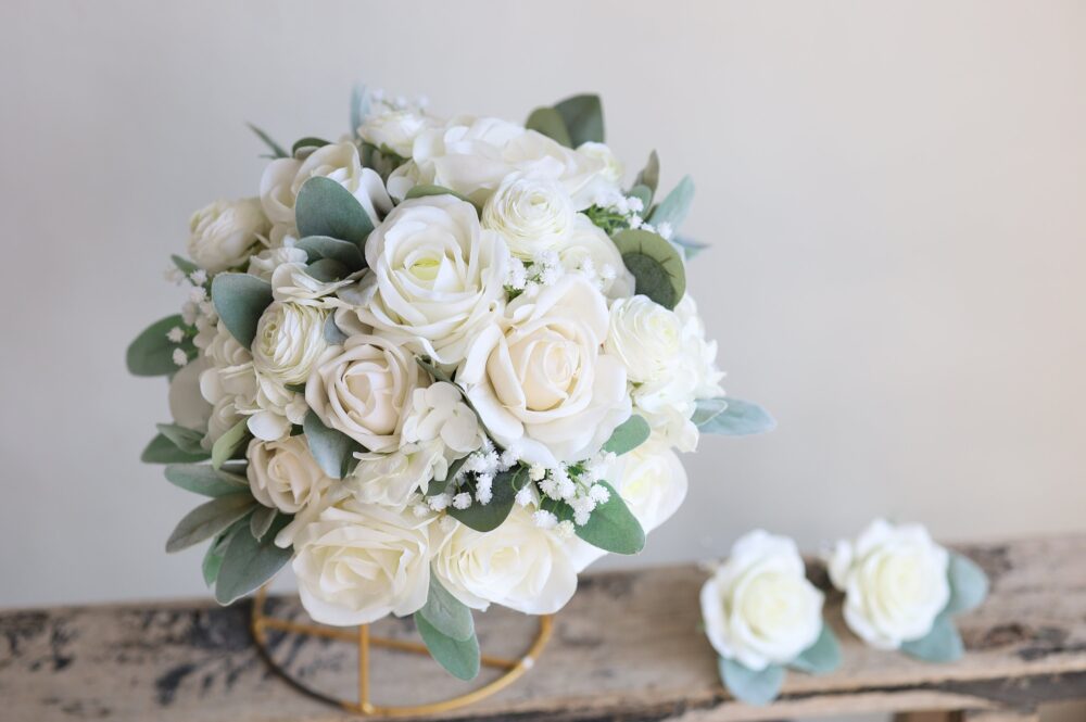Faux White Flowers Greenery Wedding Bouquets, Real Touch Roses, Lamb's Ears, Spring Summer Rustic Bridal Bouquet, Boutonniere, Corsage