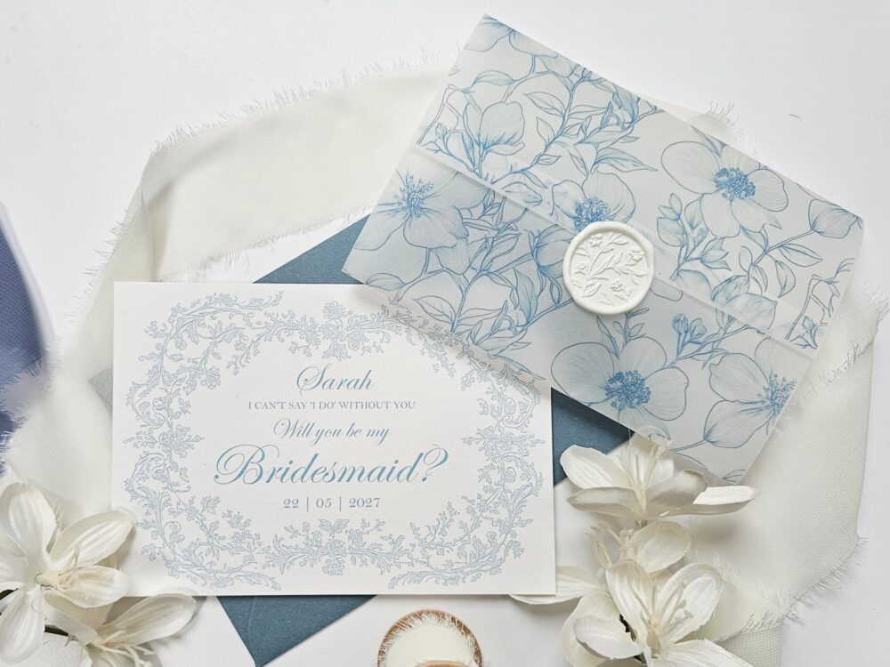 Dusty Blue Bridesmaid Proposal Card With French Toile - Perfect For Your Bridesmaid Box Or Something Blue