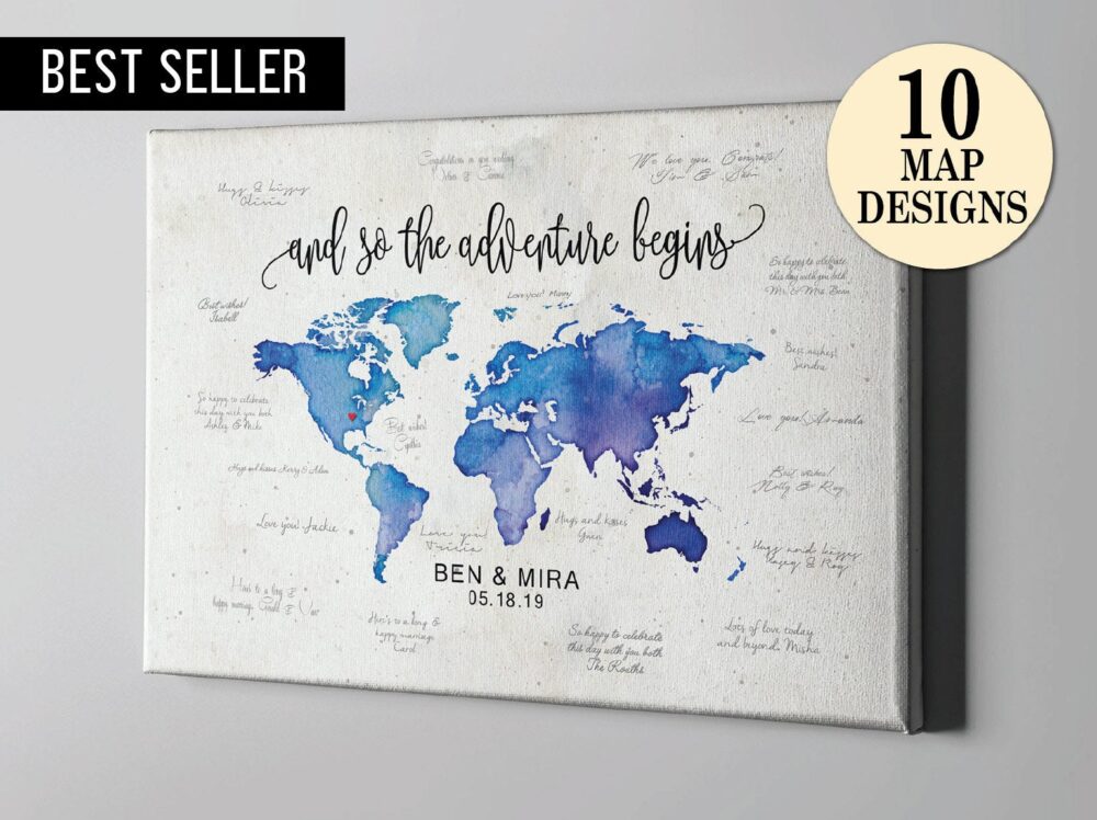 Canvas Guest Book, Destination Wedding Guestbook, World Map Travel Themed Watercolor Art, Anniversary Gift -Cgb212