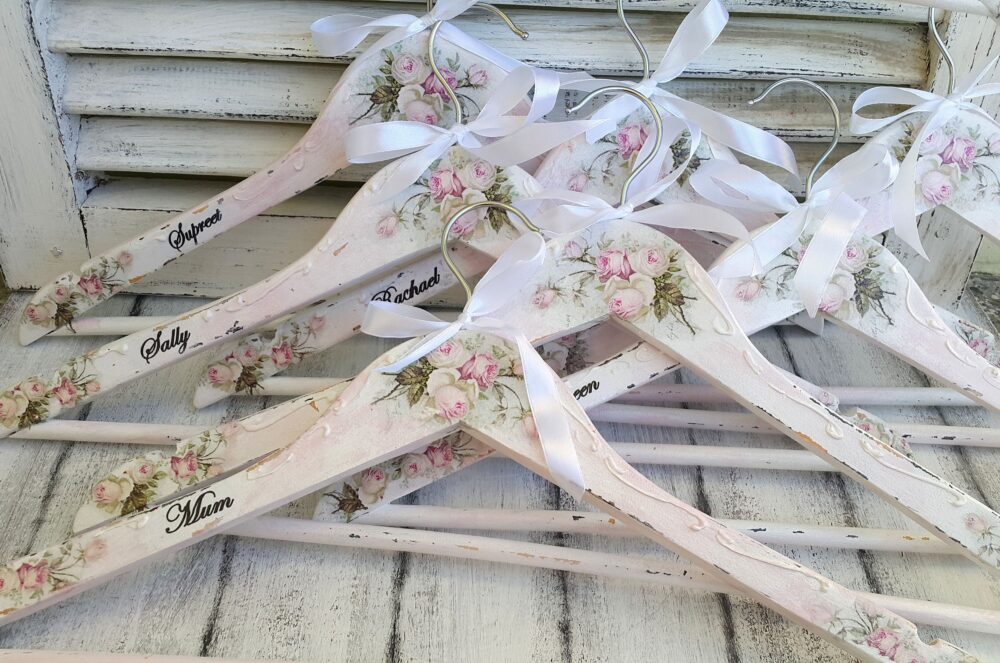Wedding Hangers, Custom Order Hanger, Bridesmaids &bride Hangers, Blush Roses Hangers, Shabby Chic Hangers, Personalized Hanger, Set Of 8
