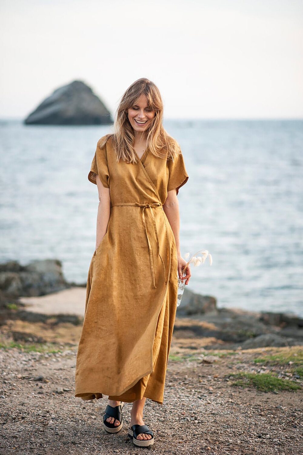 Maxi Linen Wrap Dress Delilah, Long Dress, Mustard Linen Kimono With Belt, Beach