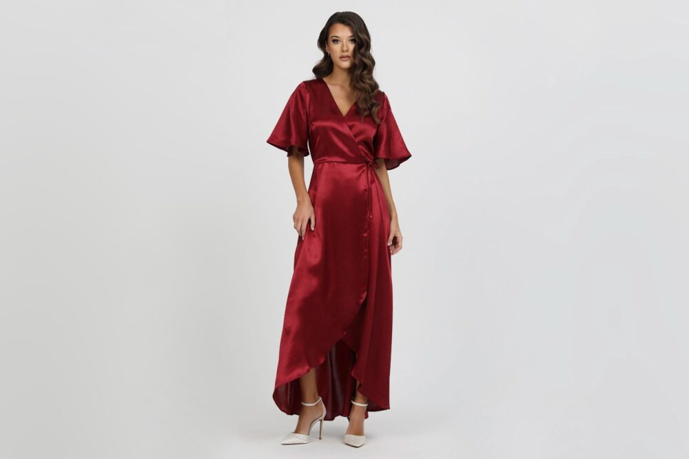 Burgundy Satin Wrap Dress For Women, Elegant Midi Maxi Dress, V Neck Short Sleeve Evening Wedding Guest