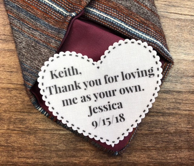 stepfather Tie Patch - Father Of The Bride, Gift For Him, Dot Border, Choose Message, Font 2.25" Heart Shaped, Sew On Patch, Iron Patch