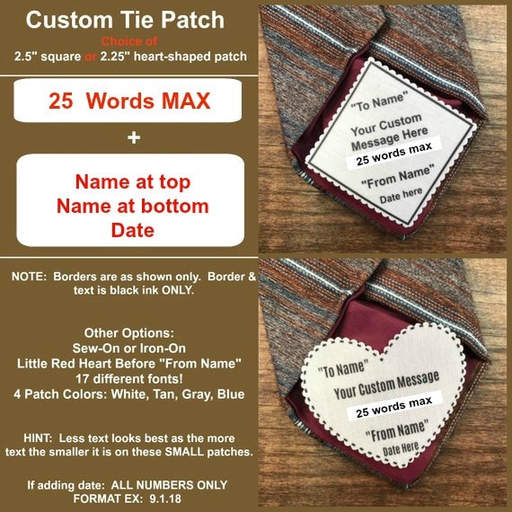 Custom Tie Patch - Father Of The Bride, Groom, Sew Iron Or Peel & Stick Little Red Heart Option, 2.5" Sq 2.25" Shape