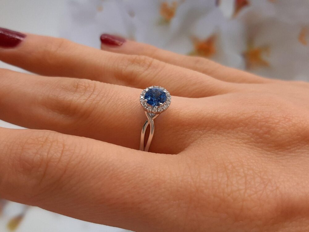 Round 5mm Halo Engagement Ring, Silver Eternity Blue Topaz Simulated Diamonds Ring