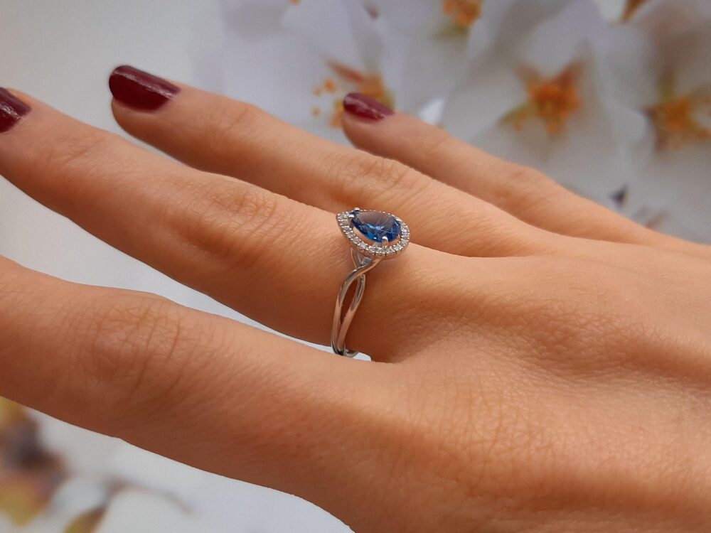 Pear 5x7 Halo Engagement Ring, Silver Eternity Blue Topaz Simulated Diamonds Ring