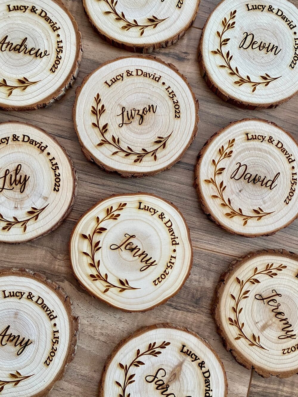 Custom Wood Slice Wedding Favors Laser Engraved Pine Coasters