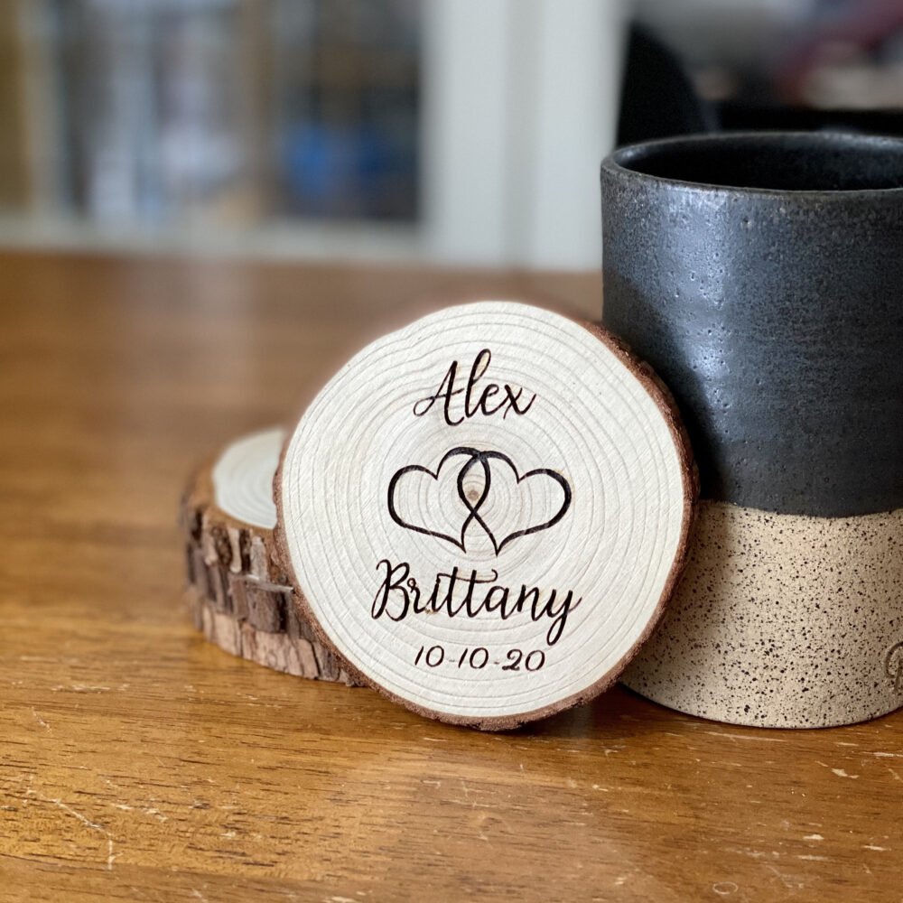 Custom Wood Slice Wedding Favors - Laser Engraved With Names, Heart Design, & Date