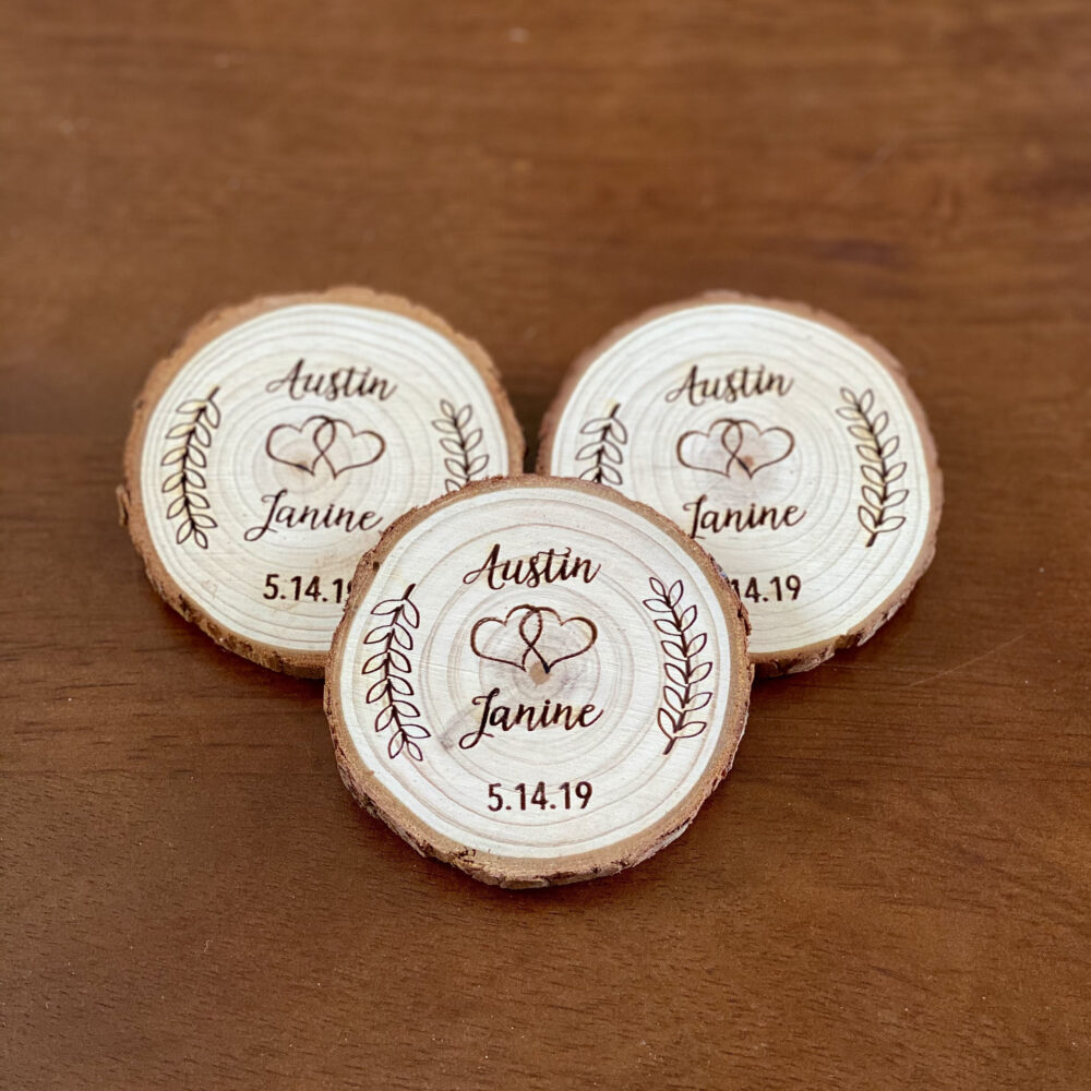 Custom Wood Slice Wedding Favor Or Save The Date - Laser Engraved With Names, Date, & Magnet