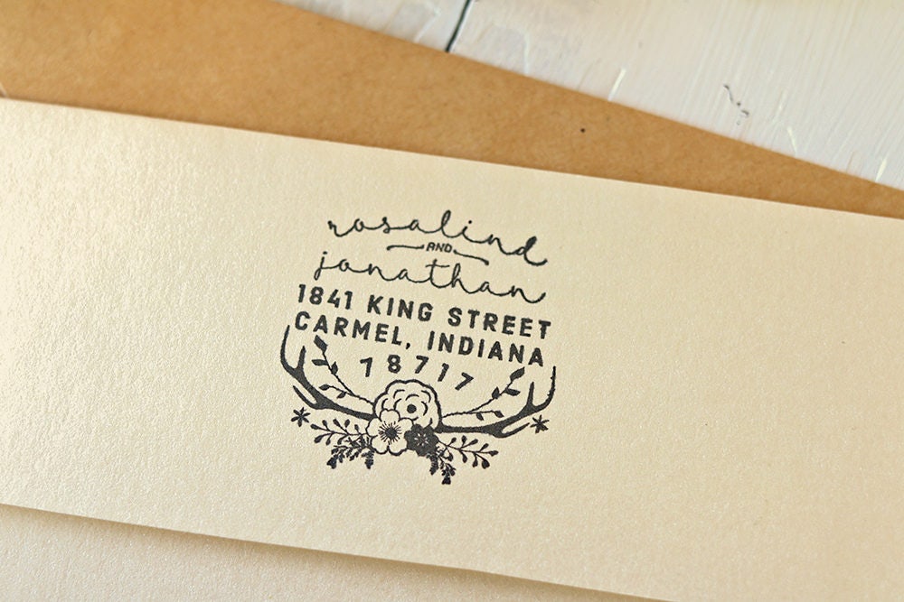 Rustic Wedding Address Stamp, Deer Antlers Boho Return Floral Address, Housewarming Gift, Custom Stamp