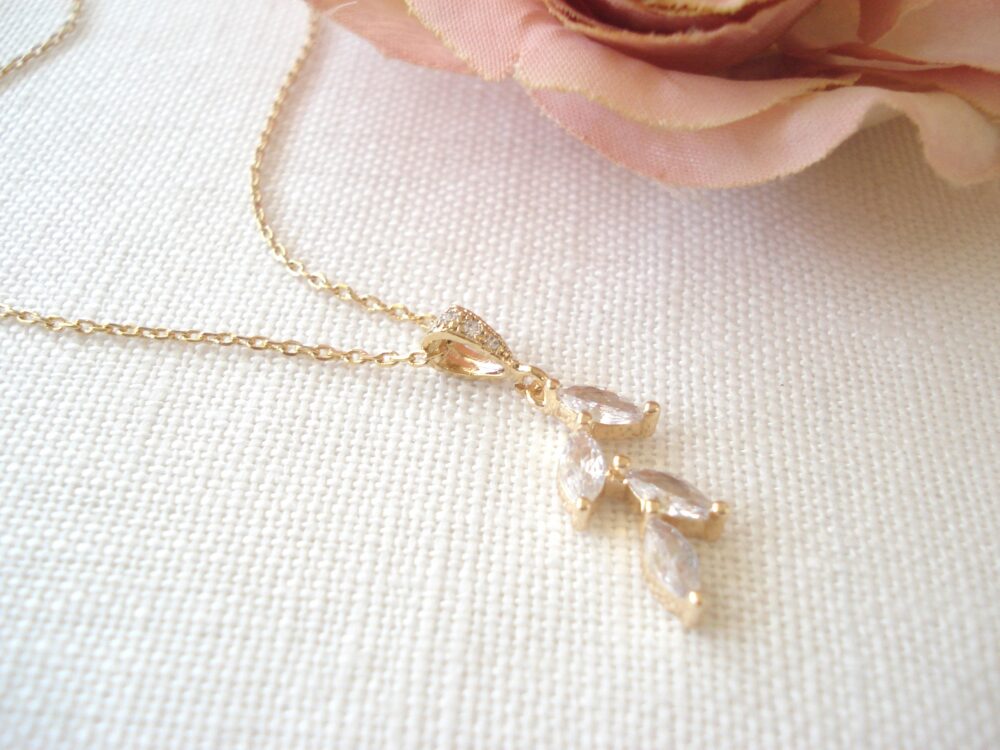 Gold Leaf Necklace...garden Wedding, Bridesmaid Gift, Dainty Marquise Shape Cubic Zirconia Leaf Necklace, Bridal Party Gift