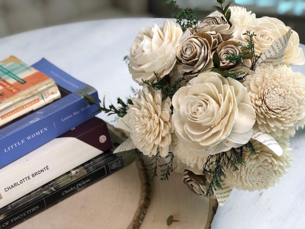 Literary Wedding Bouquet | Natural Wood & Book Page Flowers Forever Bridal