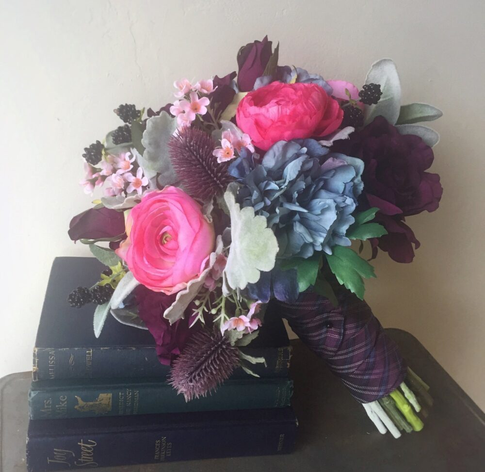 Wedding Bouquet, Bridal Peony Boho Silk Flowers, Thistle Greenery, Blue Sea Holly, Plum Purple