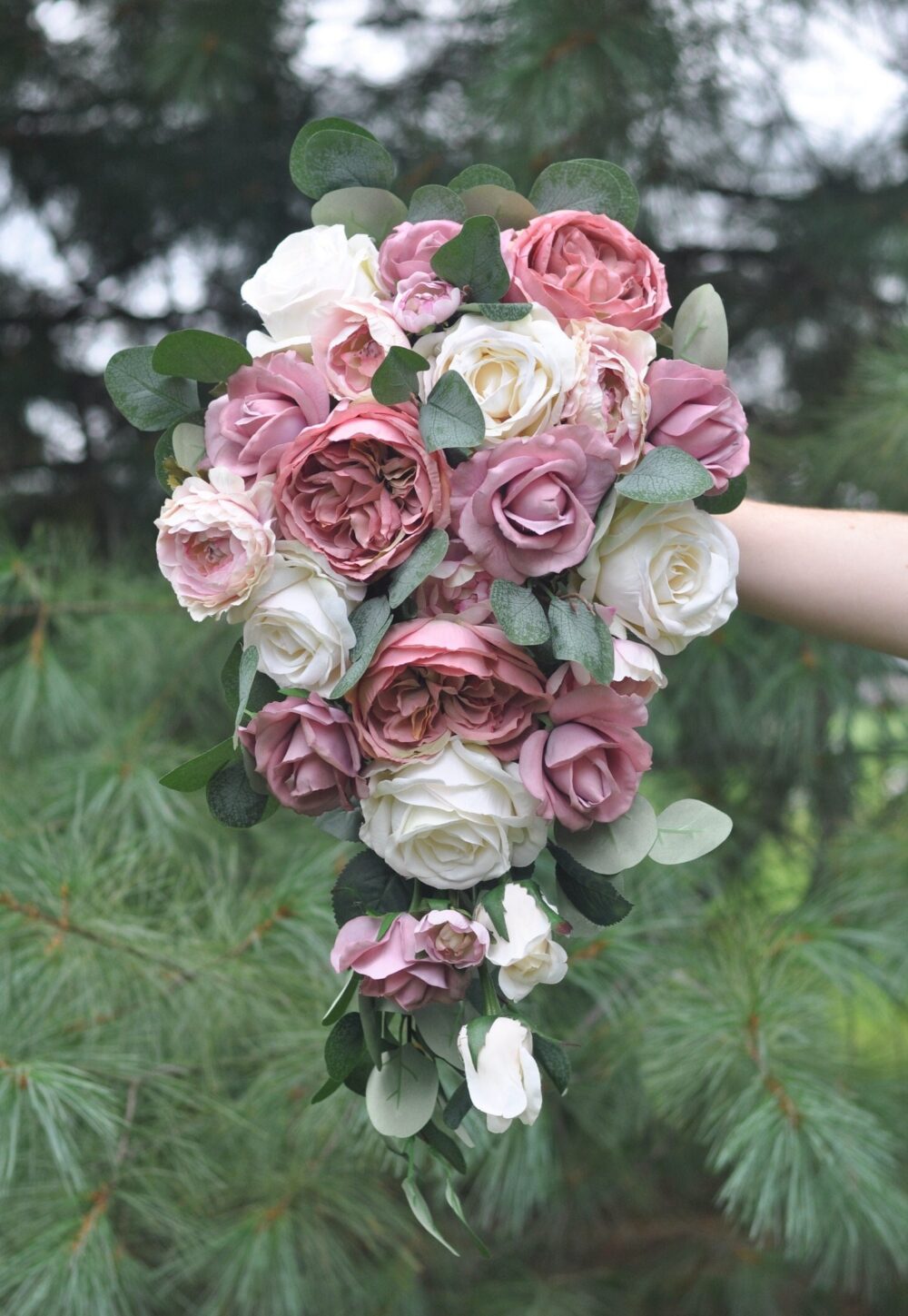 Mauve Wedding Bouquet, Flowers, Bridal Boho, Eucalyptus, Dusty Rose, Silk Destination Wedding, Teardrop, Cascade
