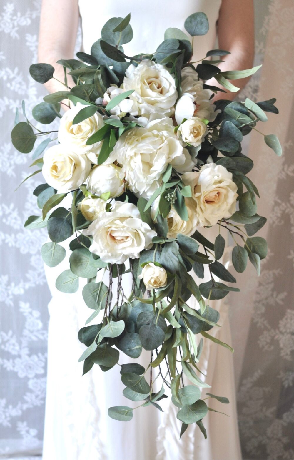 Cascade Wedding Bouquet Ivory Roses & Eucalyptus, Artificial Flowers