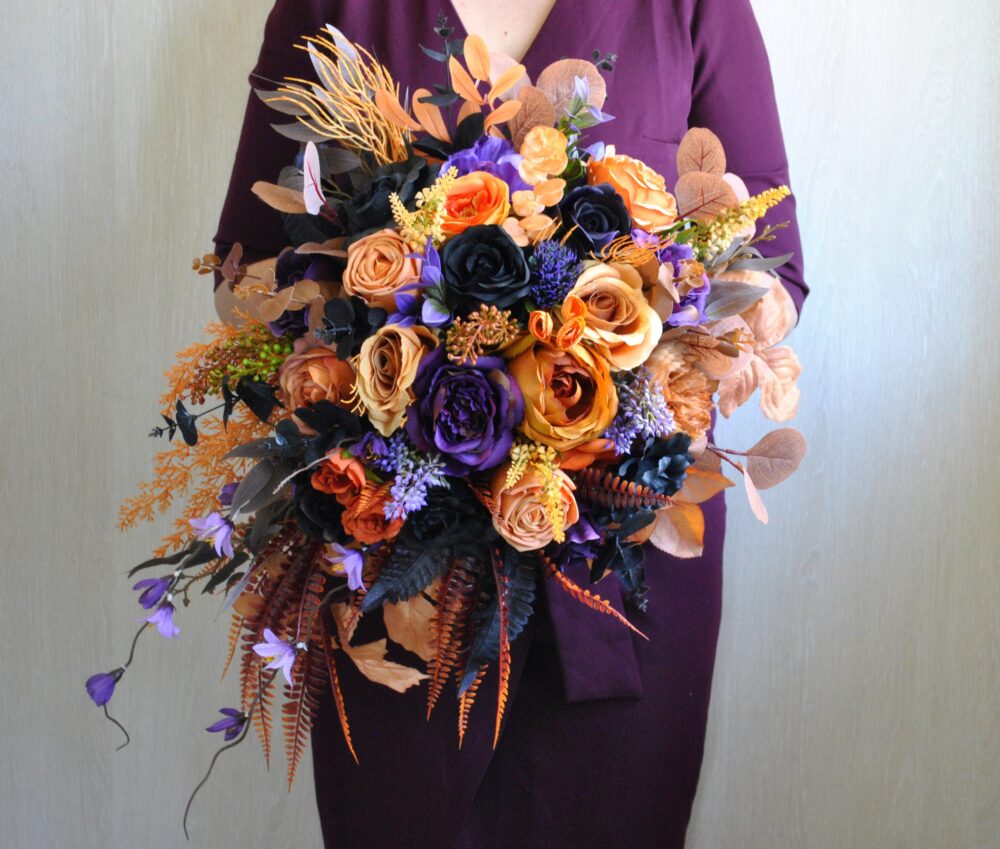 Purple Black Wedding Bouquet, Gothic Wedding, Fall Cascading Bouquet