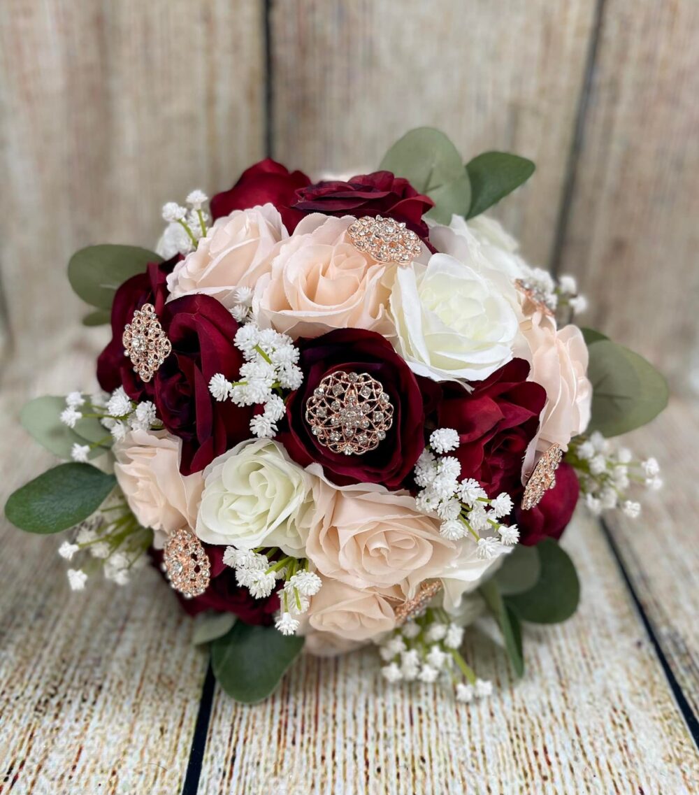 Burgundy Blush Wedding Bouquet Rose Gold Jewelry Bridal Bouquet