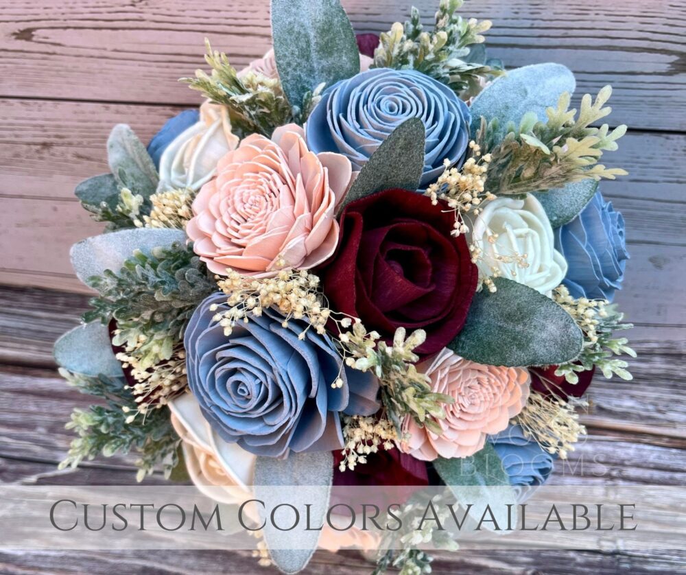 Wood Flower Rustic Wedding Bouquet/Bridal Bridesmaid Wooden Sola Flowers Blush Pink Burgundy Wine Babys Breath Dusty Blue