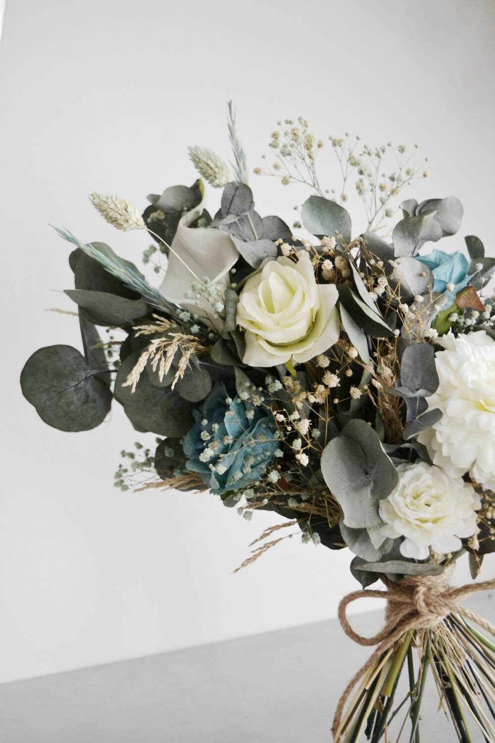 White Blue Rose Wedding Bouquet L Dried Eucalyptus Flower Boutonniere Boho Decor Flowers Bridal