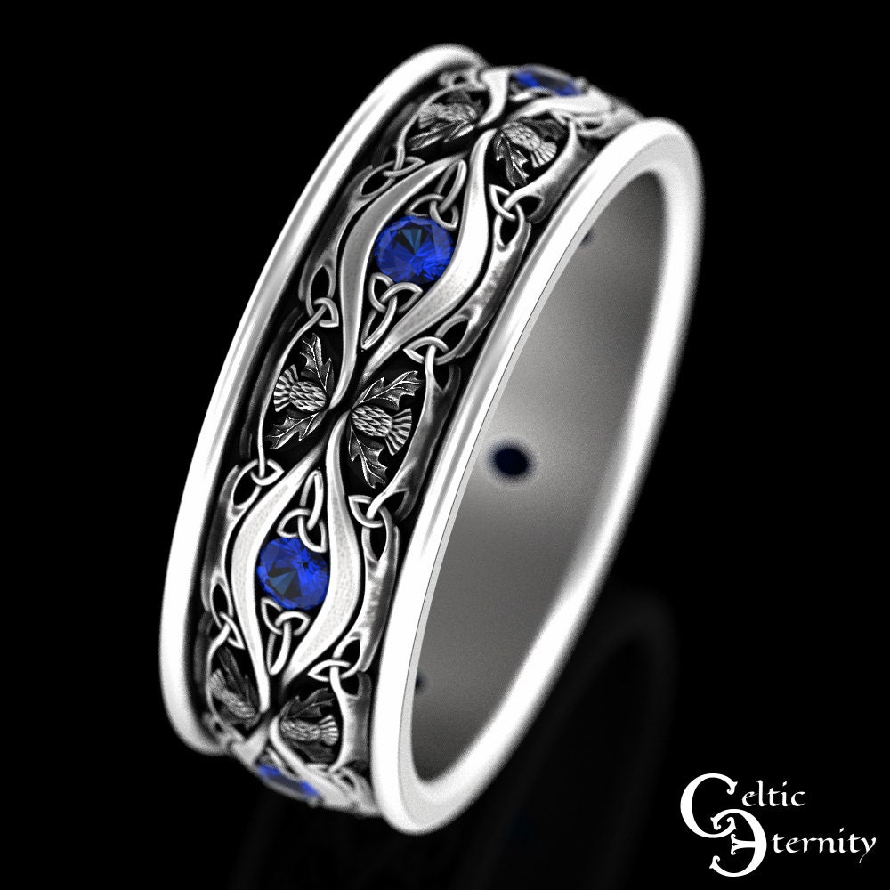 Mens Sapphire Ring, Sterling Thistle Scottish Wedding Band, Silver 3023