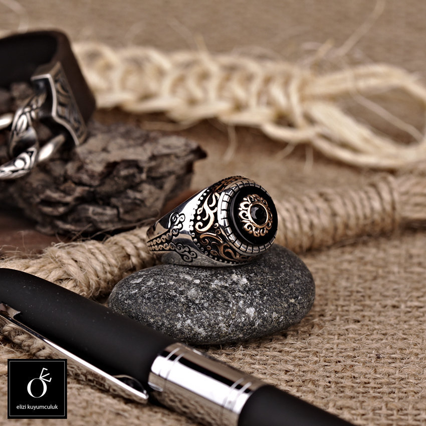 Mens Onyx Rings, Black Stone Silver Statement Ring, Celtic Vintage Signet Viking Warrior Manly Infinity Band | Can Be Gold Custom Made