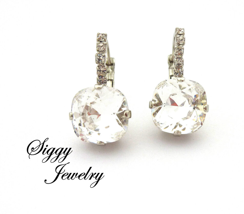 Bridal Wedding Earrings Made With Austrian Crystal, 12mm Clear Cushion Cut, Decorated Levers, Rhodium Or Rose Gold Plating, Gift Ready