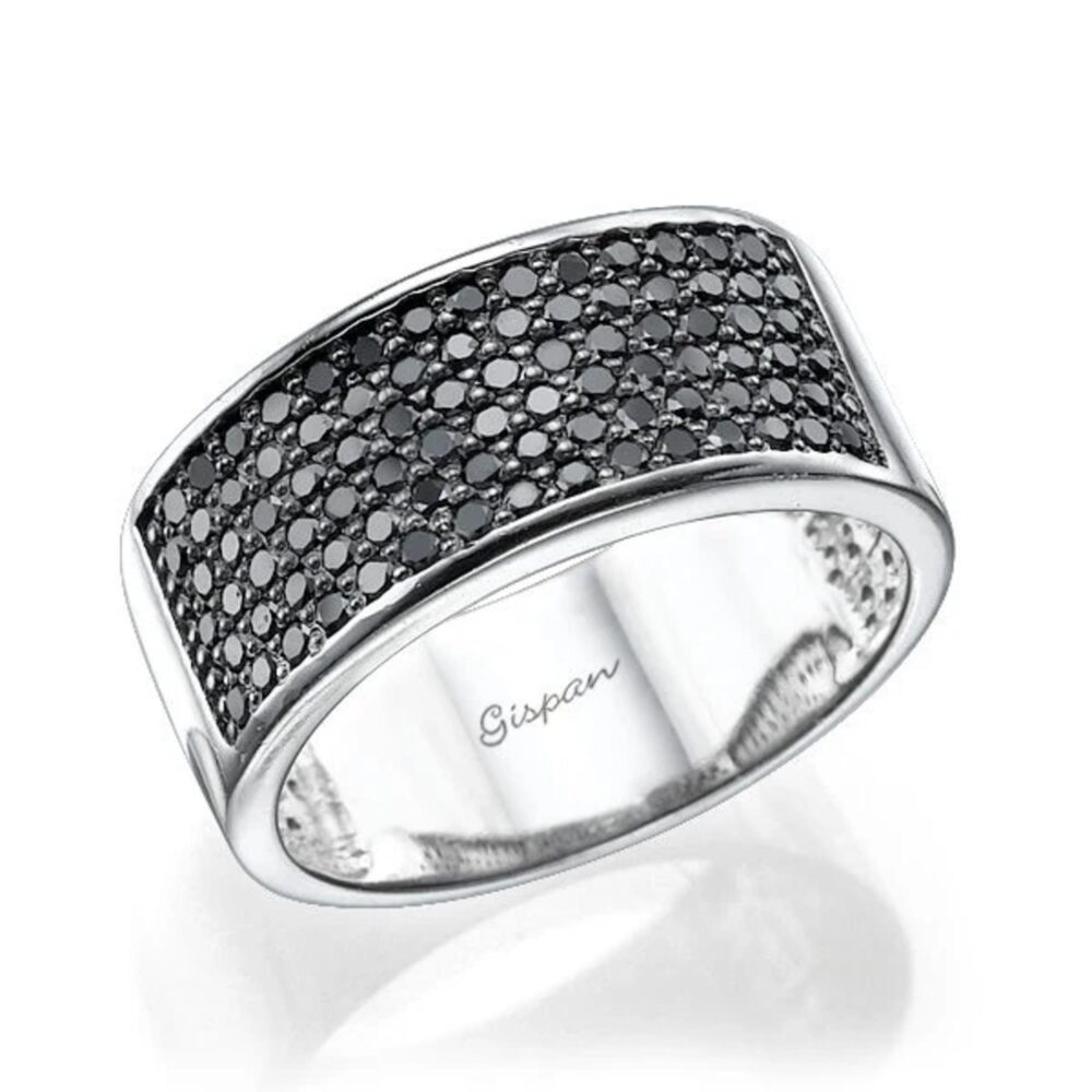 Black Diamond Eternity Ring 14K White Gold Wide Band Pavé Wedding For Men Bold Statement Jewelry