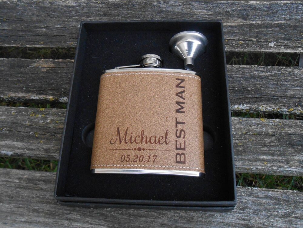 Personalized Flask. Groomsmen Gift, Dad, Father Of The Bride, Groom, Father's Day, Anniversary, Birthday, Brown, Black, Tan Leather. Wedding