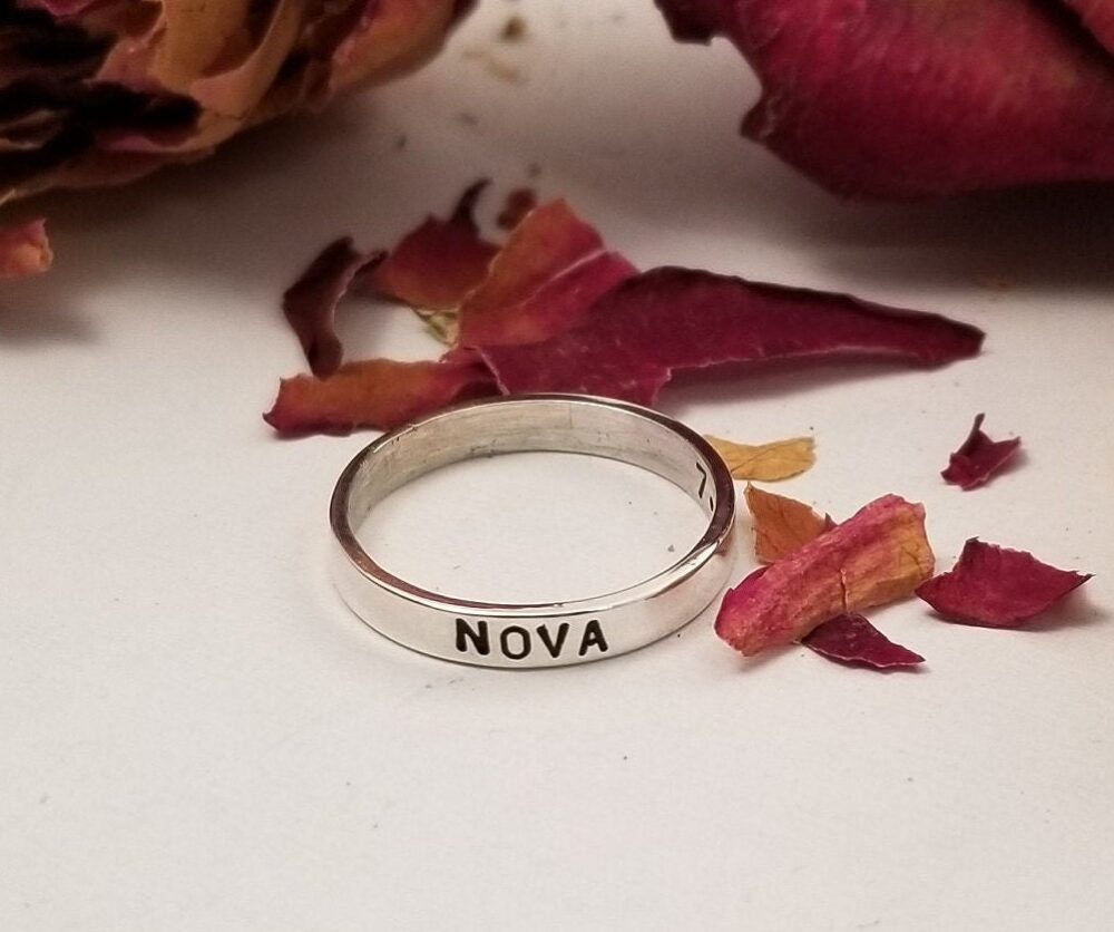 Sterling Silver Name Date Band Ring - Personalized Hand Stamped Stackable Anniversary Mothers Birthday Girl Grandmothers Teen