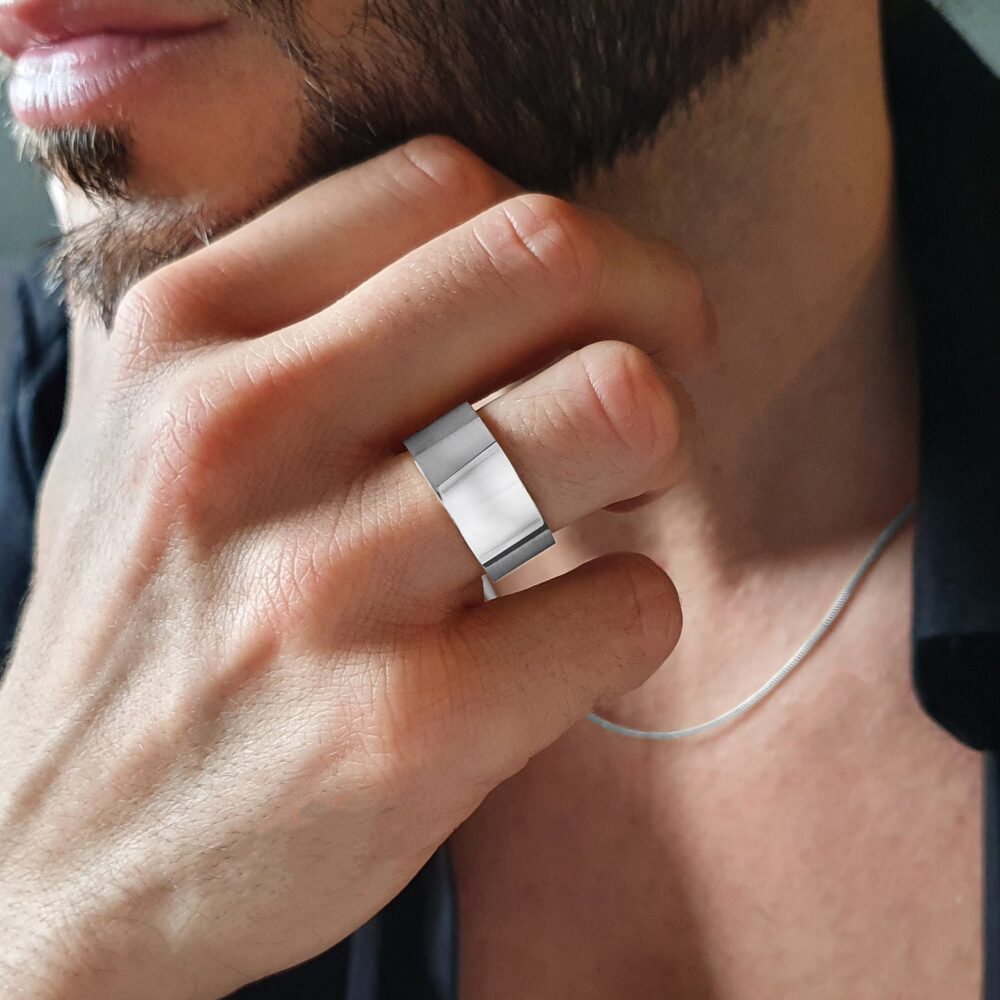 Mens Silver Ring Band, Stainless Steel, Rings For Men, Handmade Jewelry 10mm Futuristic Ring, Unique Gifts Gift Him